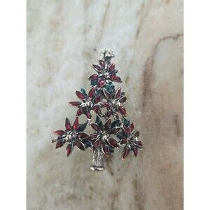 LIA Christmas Tree Brooch Pin Vintage Open Poinsettia Enamel Gold Tone Estate